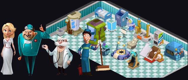 Hospital cast beside an isometric game environment
